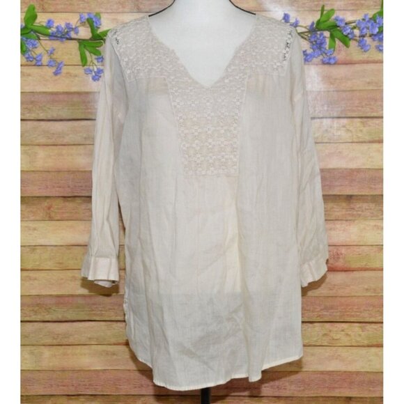 Chico's Beige Lace V-Neck Tunic Blouse Size 3 US XL Lagenlook Semi Sheer Neutral - Picture 1 of 11